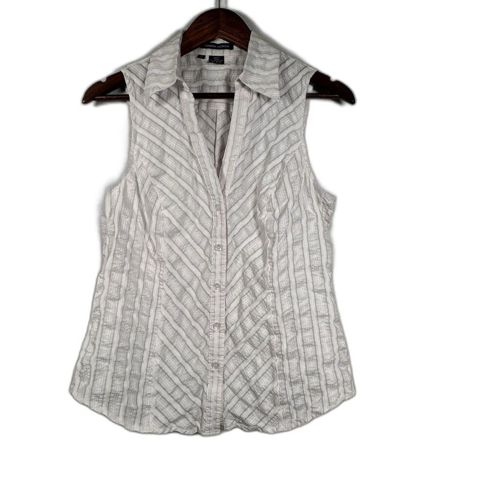 Sandra Ingrish White Textured Striped Sleeveless Tuxedo Top Size 12